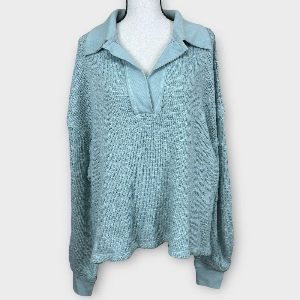 Free People We The Free Knit Catch Waves Hacci Blue Collar Top Sweater‎ Size M